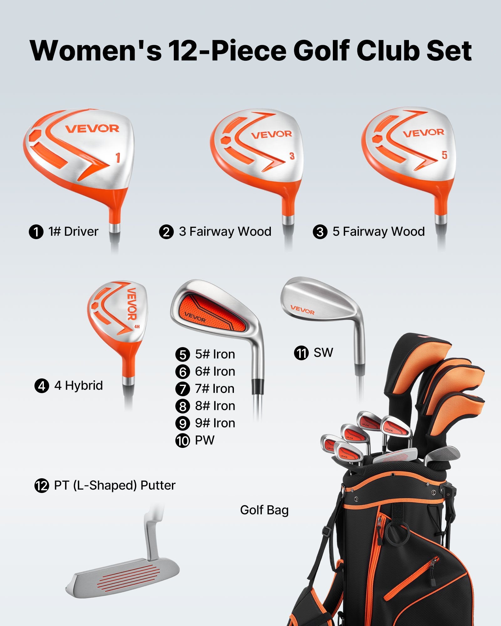 Golf Club Set, 12 Pieces Women's Golf Club Complete Set Right Handed With 460CC #1 Driver, #3 & 5 Fairway Wood, #4 Hybrid, #5/#6/#7/#8/#9/#PW/#SW Irons, L-Shaped Putter, Golf Stand Bag, Orange